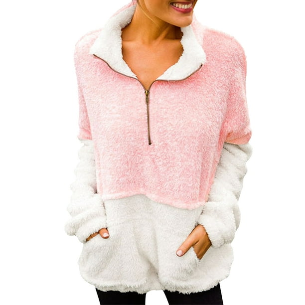 QEHEPA Womens Winter Coat Long Sleeve Sweaters Jackets Zipper Sherpa Fleece Outwear Pullover Jacket Tops with Pocket